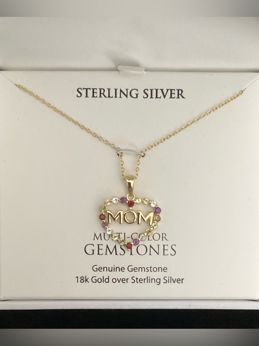 R.H Macy 18k Gold over Sterling Silver “MOM" Heart Gemstone Pendant Necklace